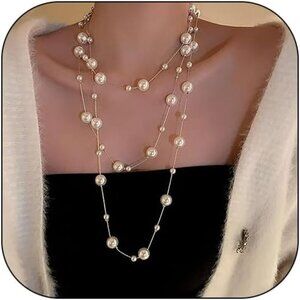 Dcfywl731 Pearl Necklace Women Pearl Necklace White Faux Pearl Layered Necklace